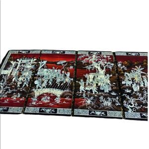 Vintage Asian Lacquered Wood Panels Inlaid with Mother Of Pearl
